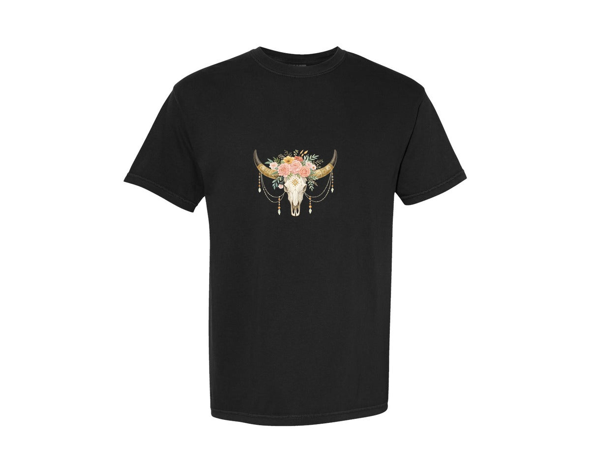 brand:Comfort Colors|color:Black|Rose Flowers Western Bull Skull Longhorn 5 Graphic T-Shirt