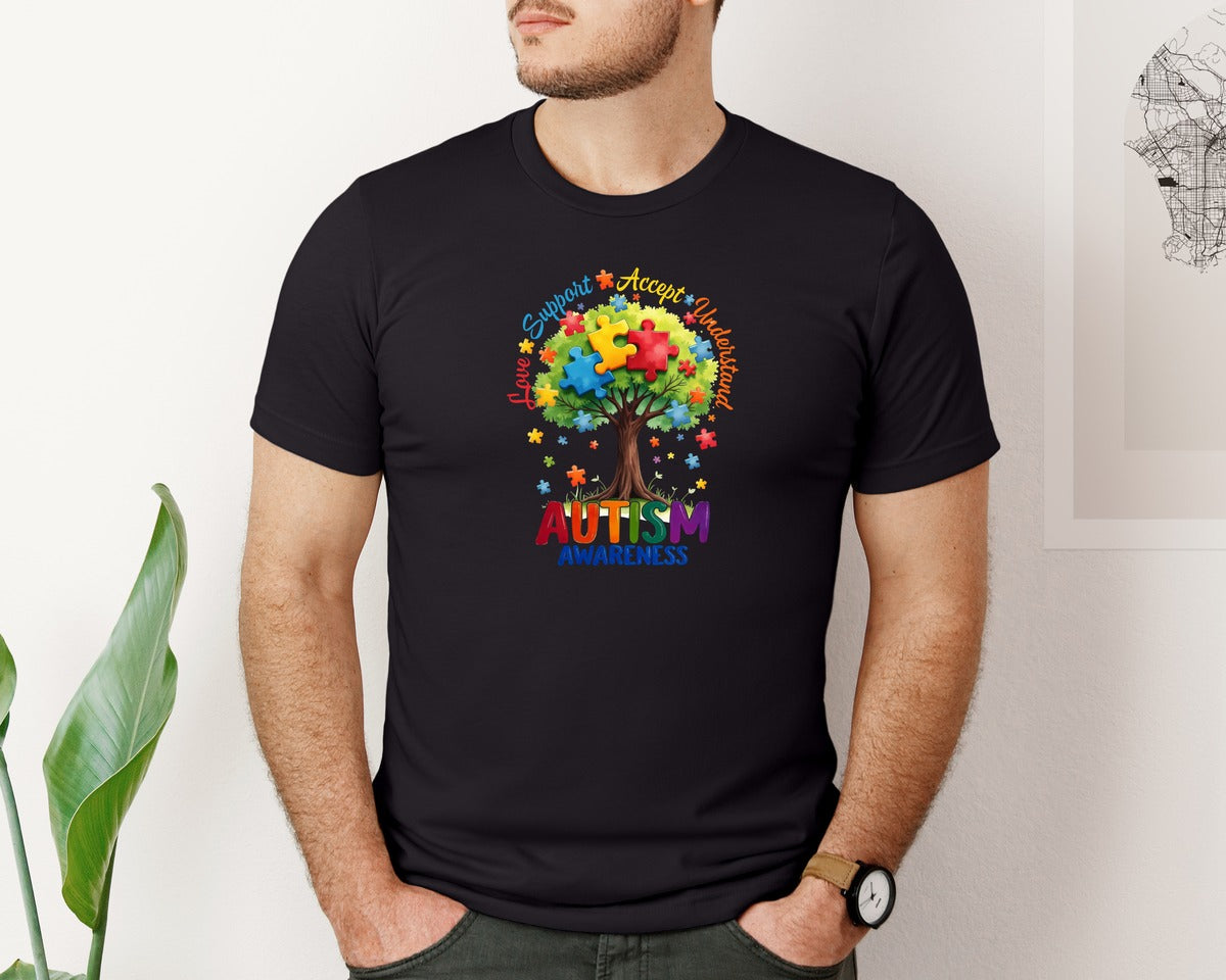brand:Bella Canvas|color:Black|Autism Awareness Love Support Tree Graphic T-Shirt