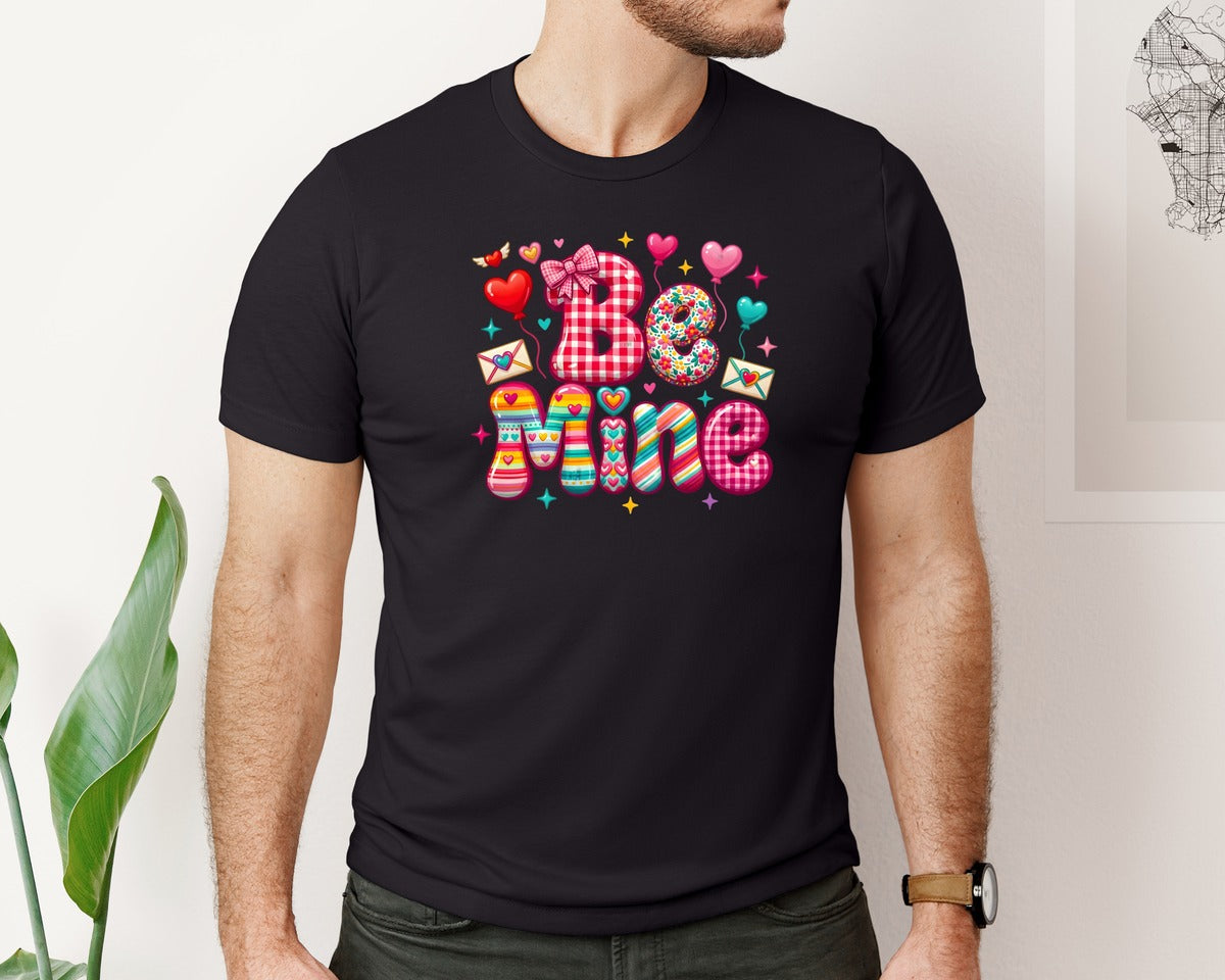 brand:Bella Canvas|color:Black|Patchwork Be Mine Valentines Day 7 Graphic T-Shirt