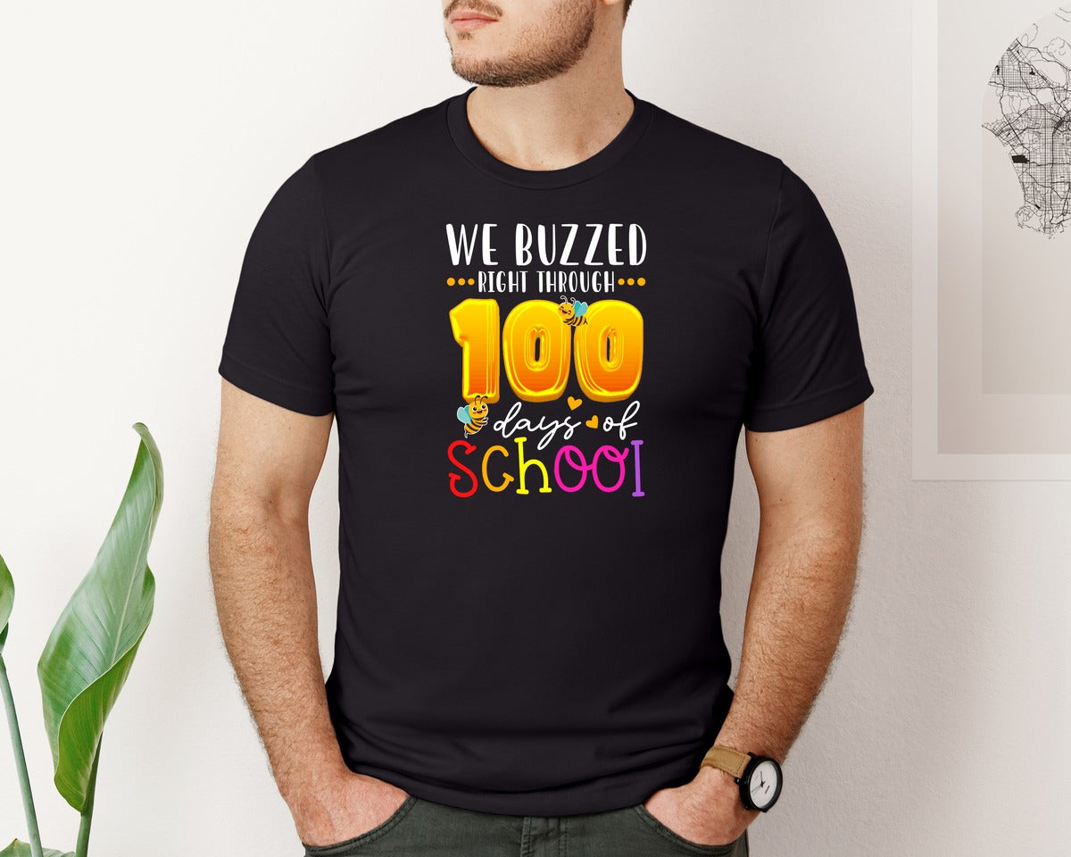 brand:Bella Canvas|color:Black|Cute Bee 100 Days Of School Graphic T-Shirt