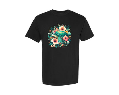 brand:Comfort Colors|color:Black|Ocean Turtle Tropical Flowers Graphic T-Shirt