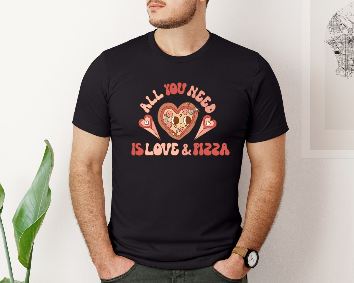brand:Bella Canvas|color:Black|All You Need Is Love And Pizza Set Graphic T-Shirt