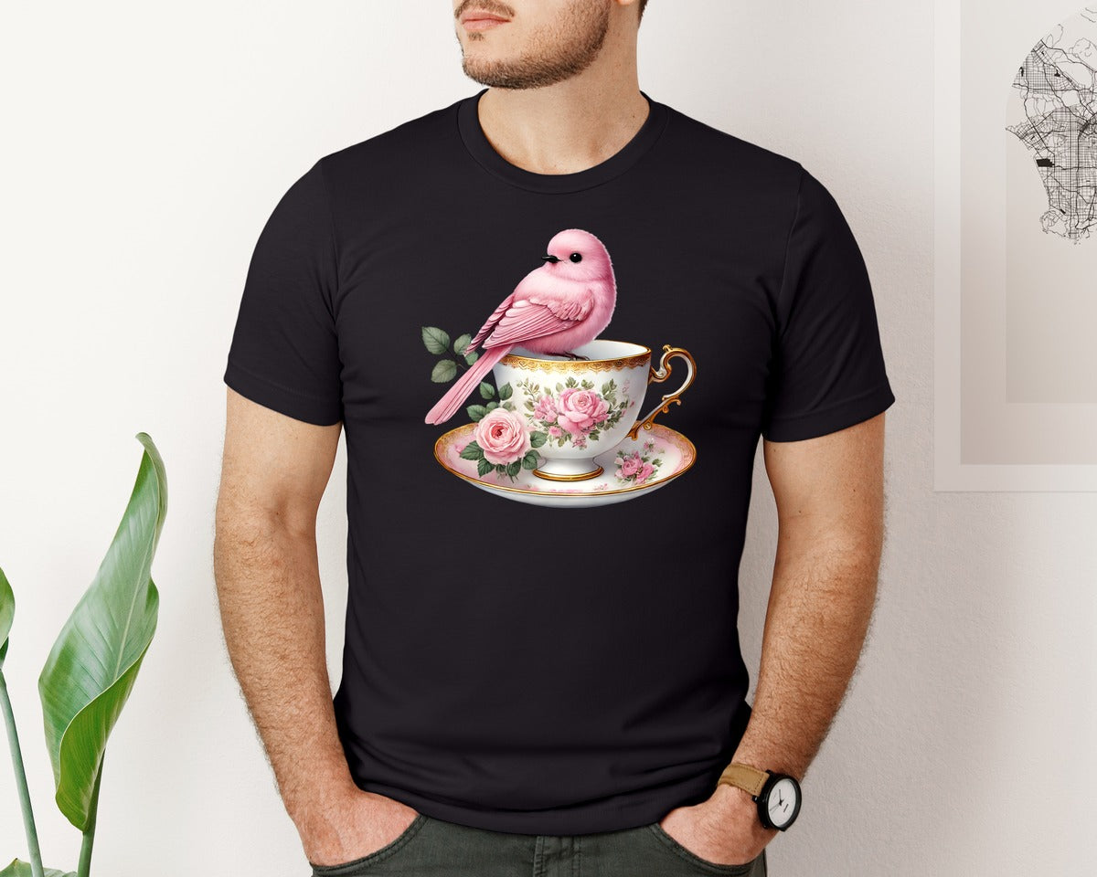 brand:Bella Canvas|color:Black|Pink Bird Sitting In A Floral Teacup Graphic T-Shirt
