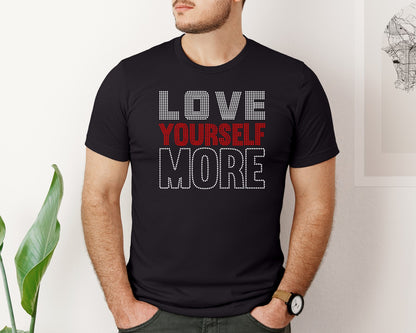 brand:Bella Canvas|color:Black|Love Yourself More Rhinestone Design Graphic T-Shirt