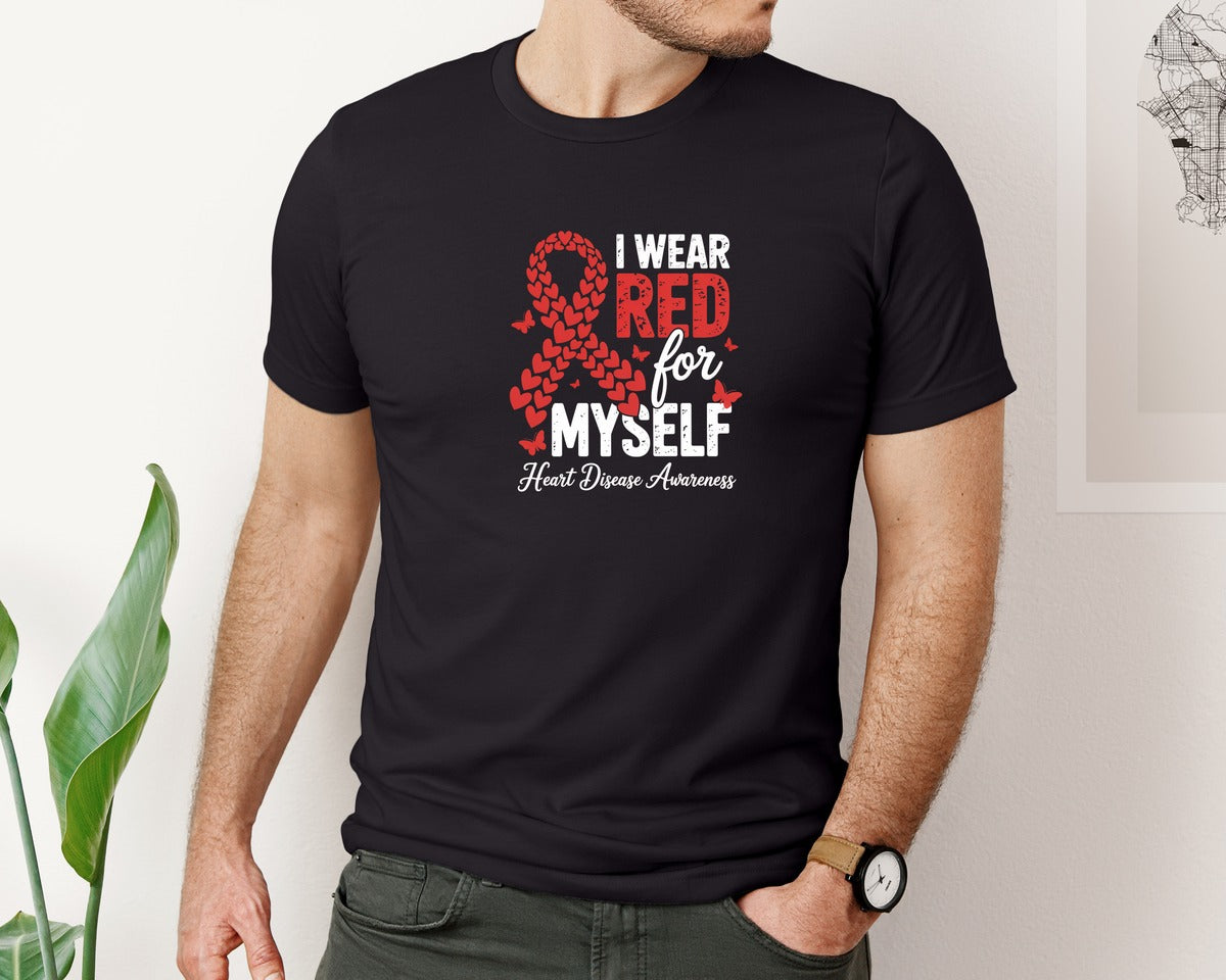 brand:Bella Canvas|color:Black|Heart Disease Awareness Ribbon Graphic T-Shirt