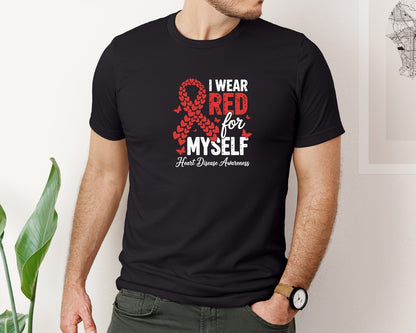 brand:Bella Canvas|color:Black|Heart Disease Awareness Ribbon Graphic T-Shirt