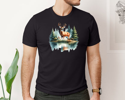 brand:Bella Canvas|color:Black|Buck Deer Forest Lake Reflection Graphic T-Shirt