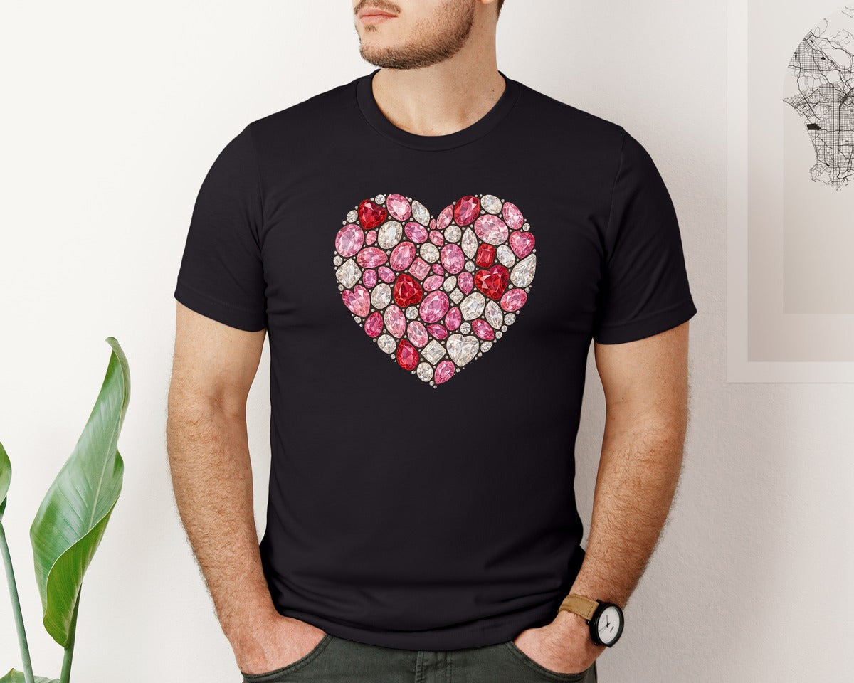 brand:Bella Canvas|color:Black|Diamond Glitter Valentine Heart 13 Graphic T-Shirt
