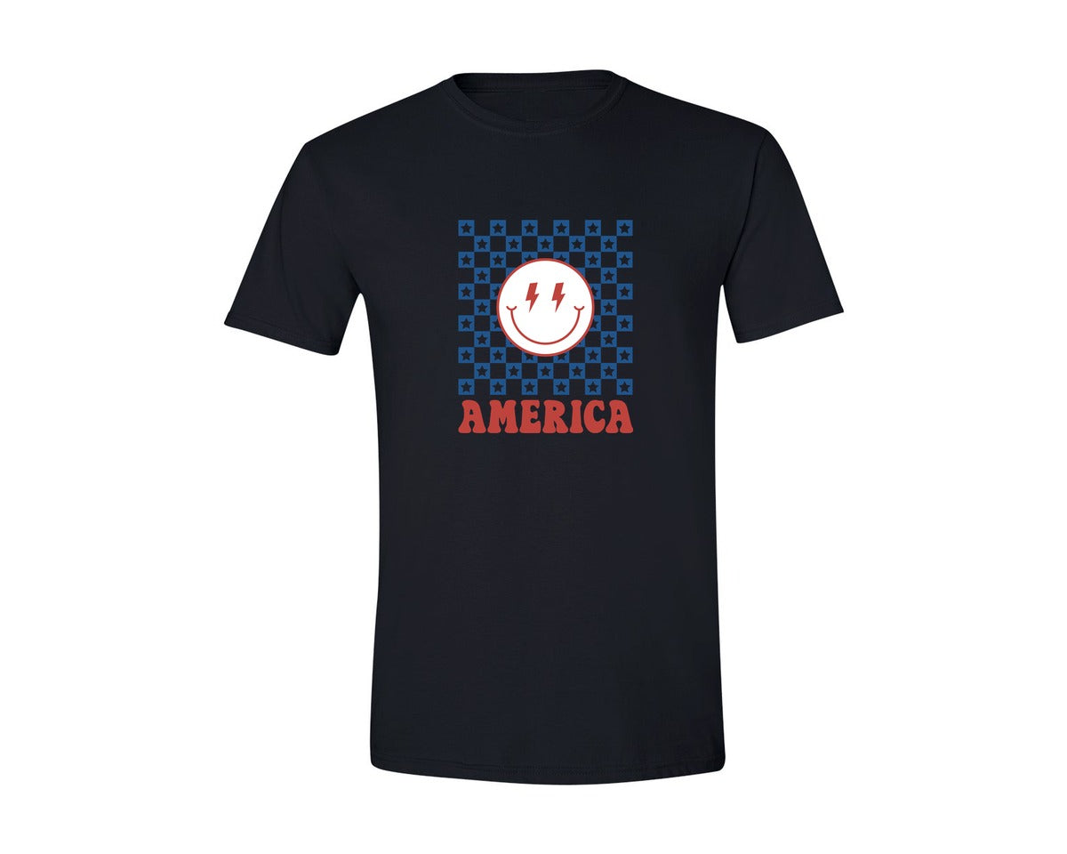 brand:Generic|color:Black|America Checkered Smiley Usa Graphic T-Shirt