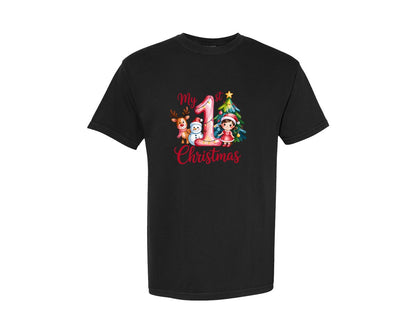 brand:Comfort Colors|color:Black|My First 1St Christmas Pink Girl Graphic T-Shirt