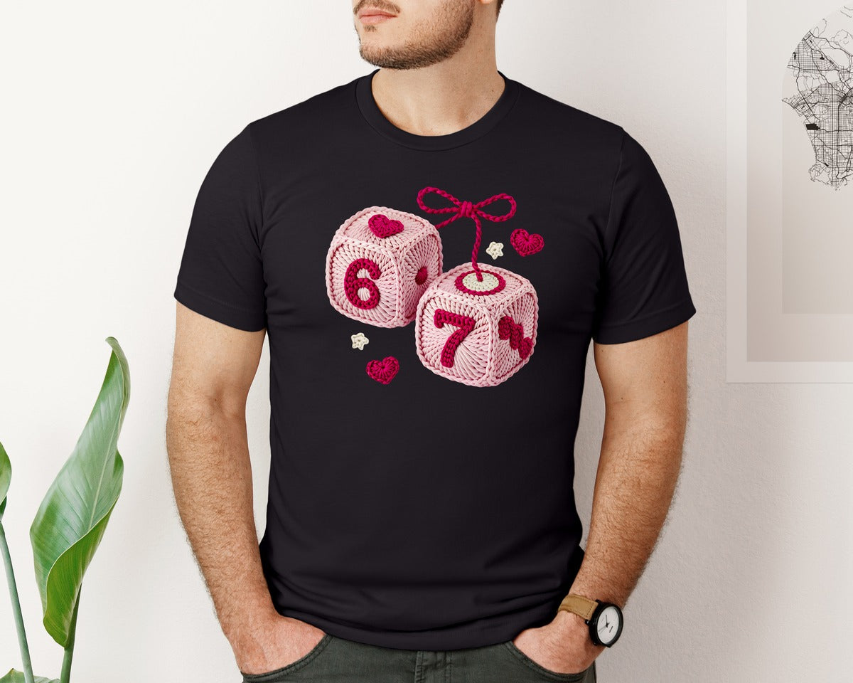 brand:Bella Canvas|color:Black|Crochet Dice Six Seven Valentine Graphic T-Shirt