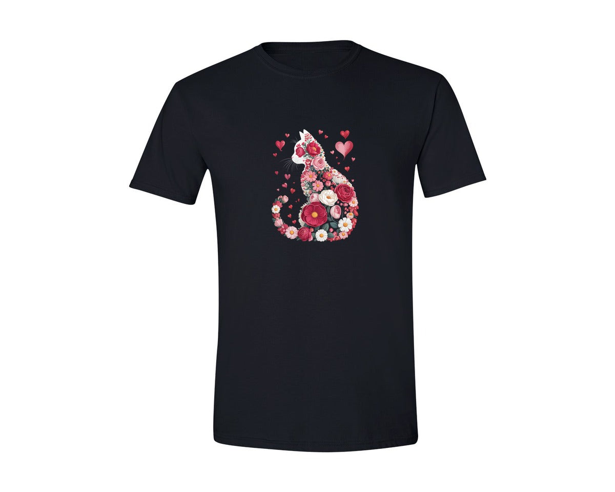 brand:Generic|color:Black|Valentine Floral Cat Illustration Graphic T-Shirt