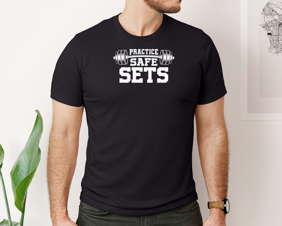 brand:Bella Canvas|color:Black|Practice Safe Sets Weightlifting Workout Graphic T-Shirt