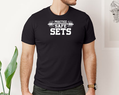 brand:Bella Canvas|color:Black|Practice Safe Sets Weightlifting Workout Graphic T-Shirt