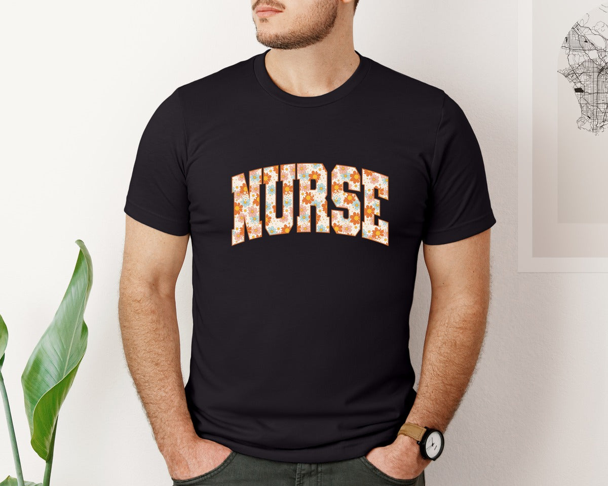 brand:Bella Canvas|color:Black|Boho Flower Nurse Nurse Floral Graphic T-Shirt