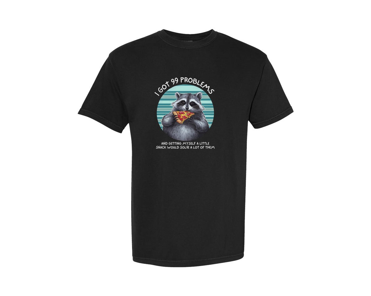 brand:Comfort Colors|color:Black|Funny Raccoon Snack 99 Problems Graphic T-Shirt