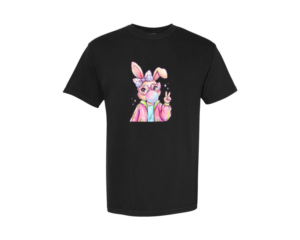 brand:Comfort Colors|color:Black|Easter Bunny Girl With Bubble Gum Graphic T-Shirt