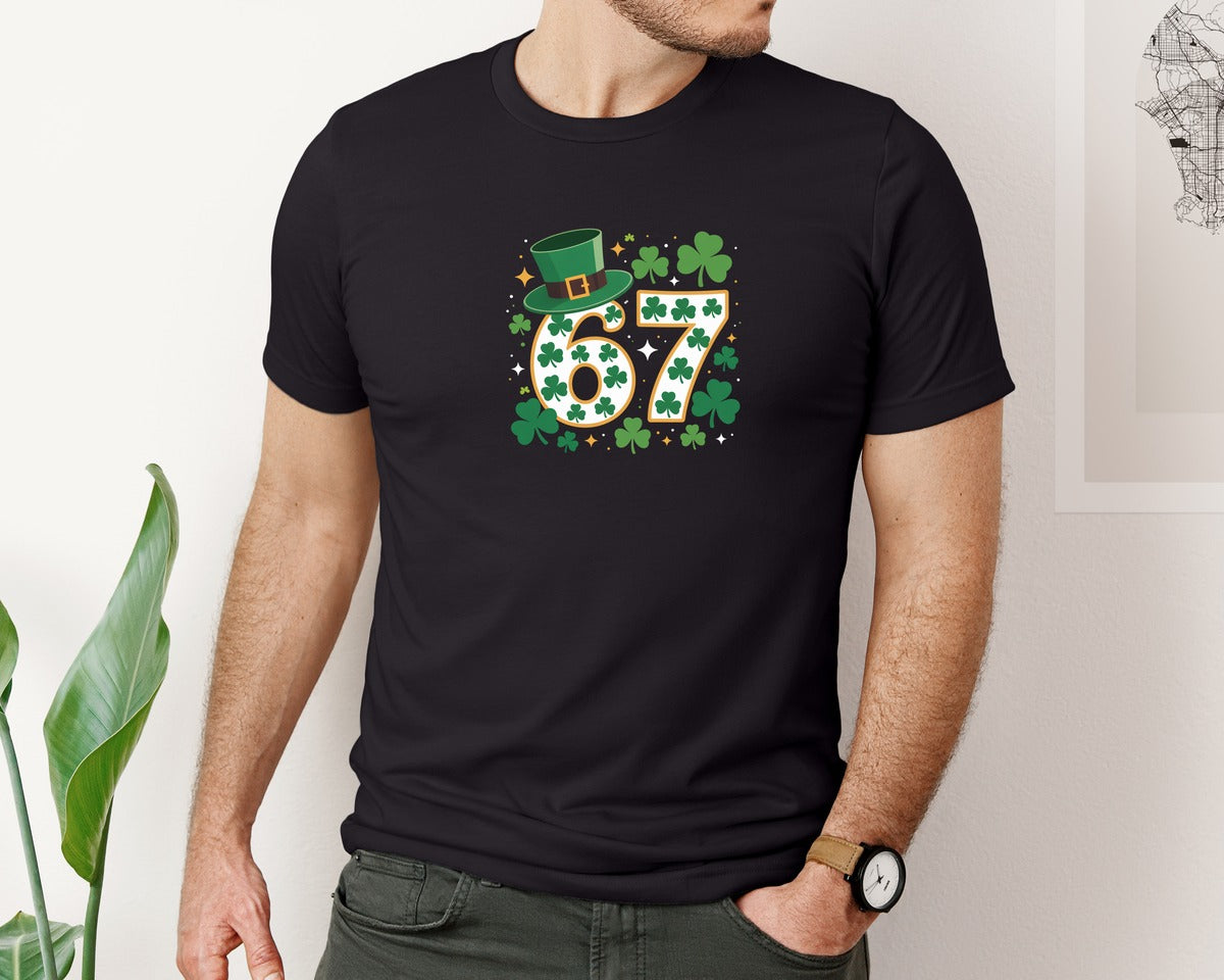 brand:Bella Canvas|color:Black|St Patricks Day 67 Lucky Number 67 Graphic T-Shirt