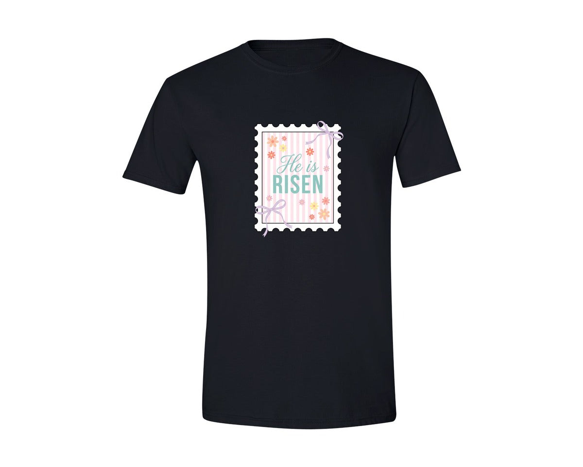 brand:Generic|color:Black|He Is Risen Christian Easter Stamp Graphic T-Shirt