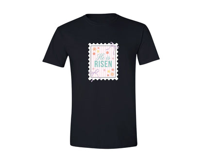 brand:Generic|color:Black|He Is Risen Christian Easter Stamp Graphic T-Shirt