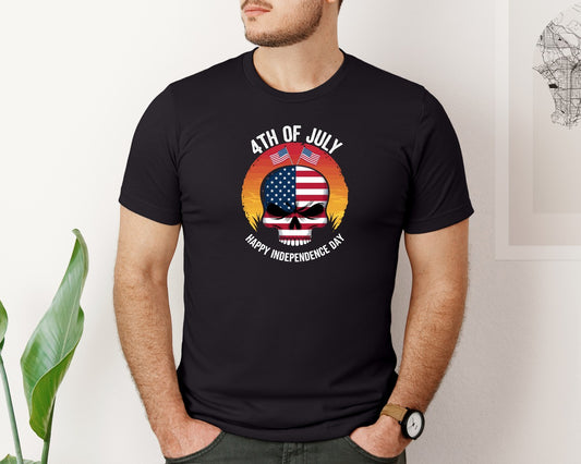 4Th Of July American Skull Sunset Indepe Graphic T-Shirt