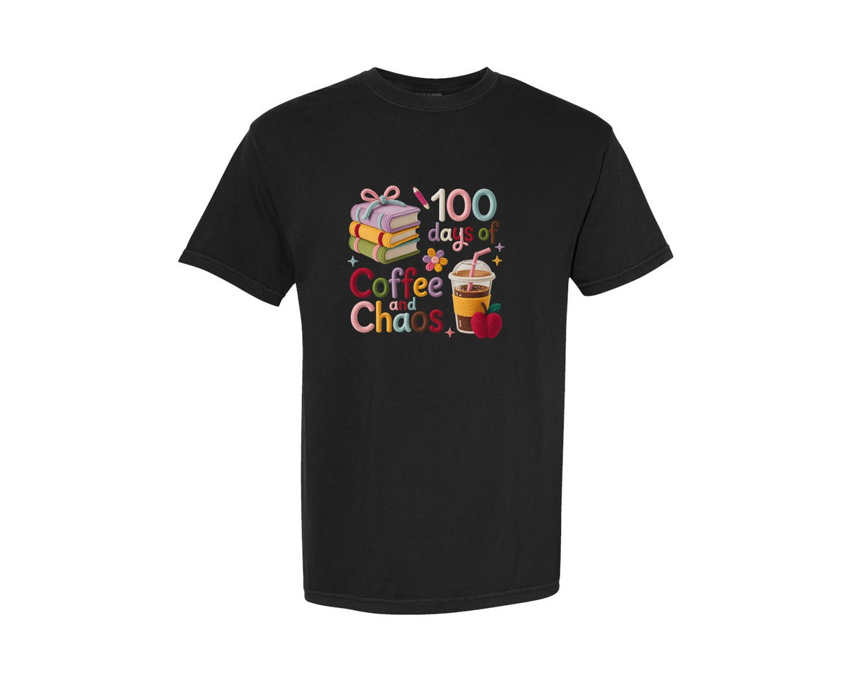 brand:Comfort Colors|color:Black|Faux Yarn Coffee Chaos 100 Days Graphic T-Shirt