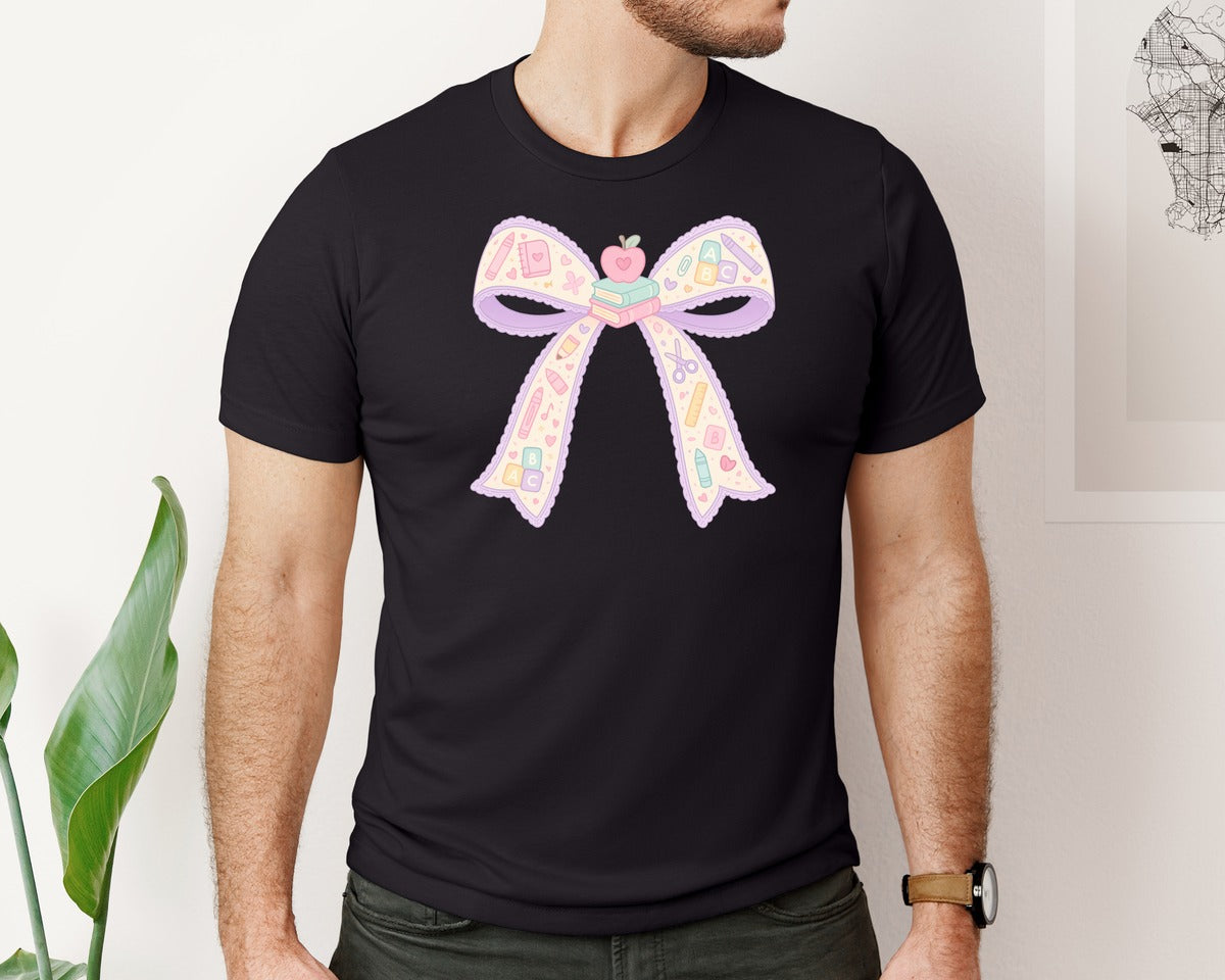 brand:Bella Canvas|color:Black|Preppy Coquette School Teacher Bow Graphic T-Shirt