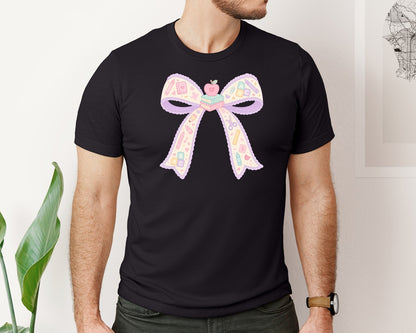 brand:Bella Canvas|color:Black|Preppy Coquette School Teacher Bow Graphic T-Shirt