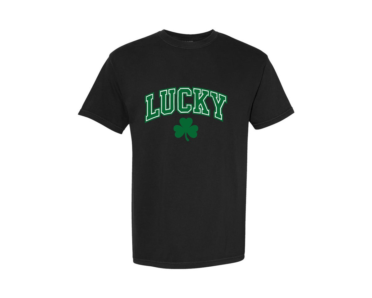 brand:Comfort Colors|color:Black|Lucky Varsity Shamrock Typography Desig Graphic T-Shirt