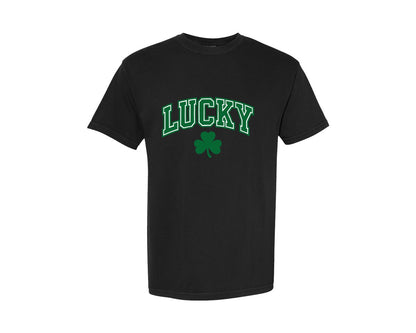 brand:Comfort Colors|color:Black|Lucky Varsity Shamrock Typography Desig Graphic T-Shirt