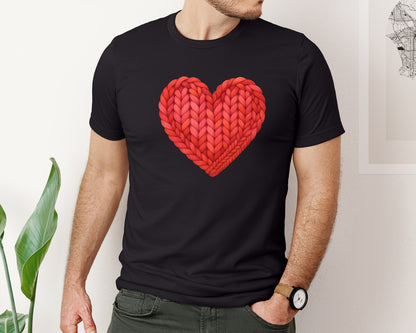 brand:Bella Canvas|color:Black|Chunky Faux Crochet Braided Heart Graphic T-Shirt