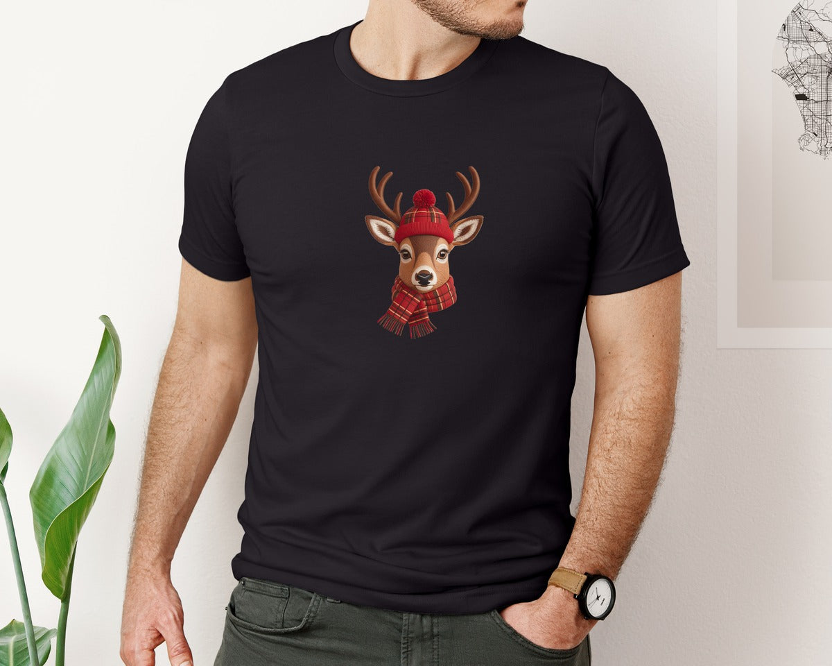 brand:Bella Canvas|color:Black|Cute Cozy Reindeer Embroidery Graphic T-Shirt