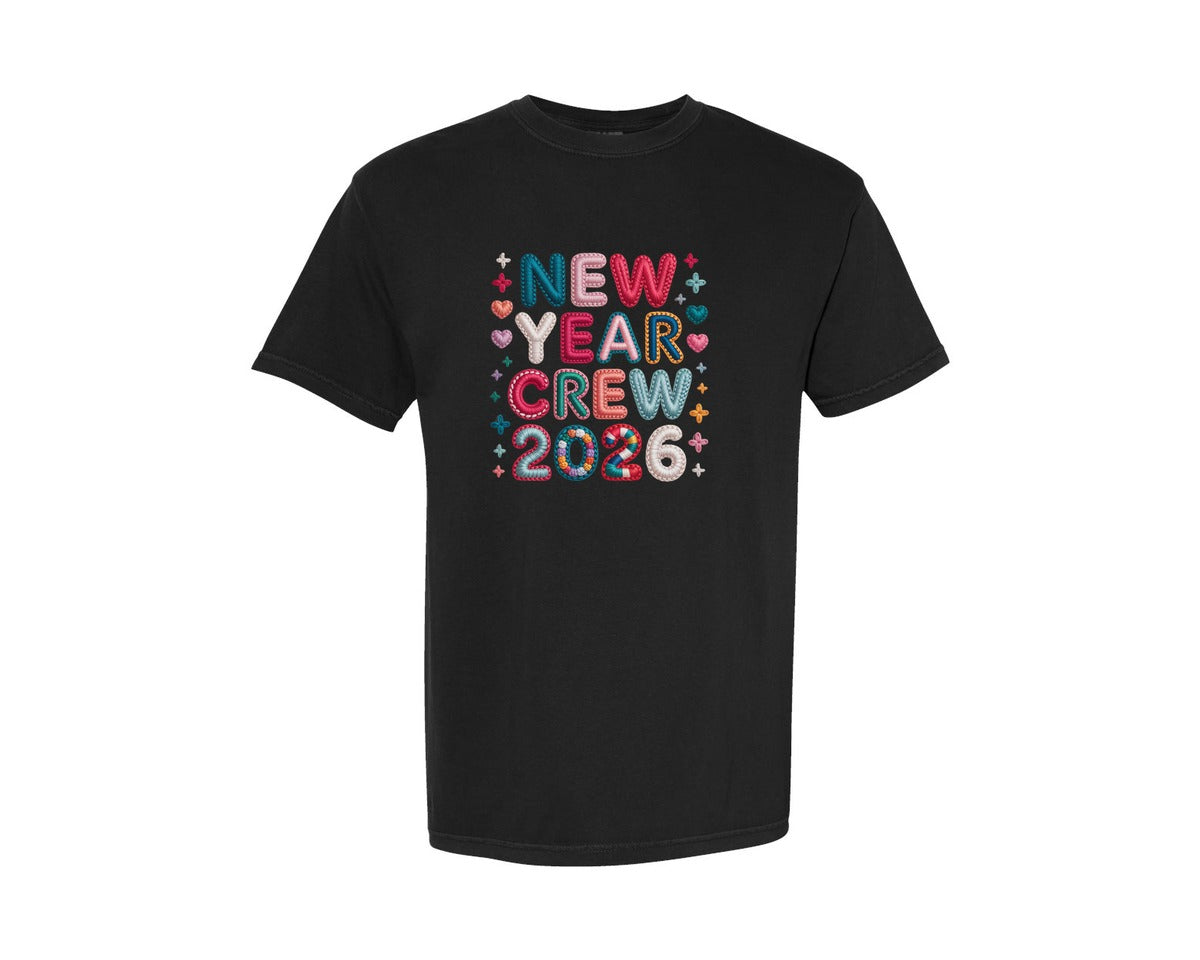 brand:Comfort Colors|color:Black|Patchwork New Year Crew 2026 Shirt Graphic T-Shirt