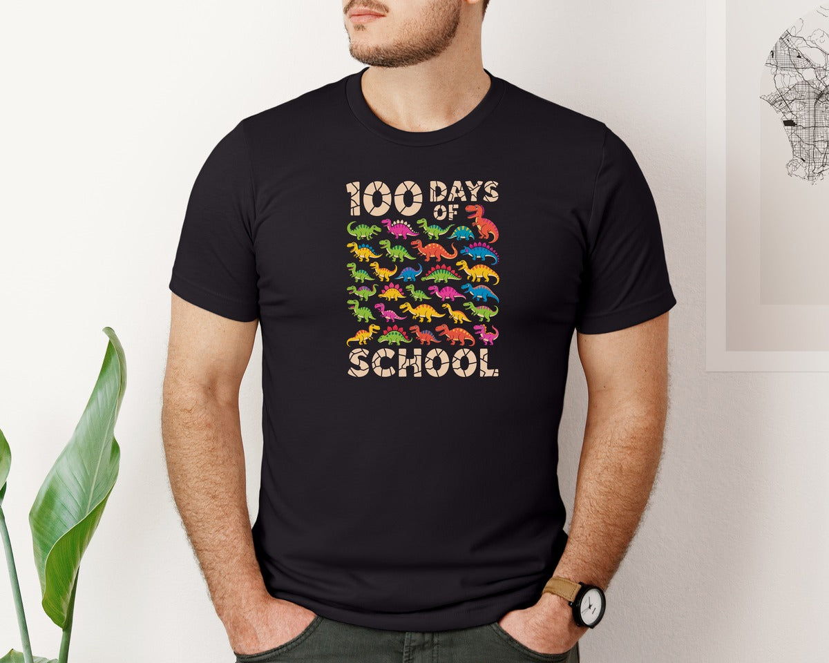 brand:Bella Canvas|color:Black|100 Days Of School Dinosaur 3 Graphic T-Shirt