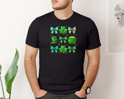 brand:Bella Canvas|color:Black|Shamrock Bows Leprechaun Hat Graphic T-Shirt