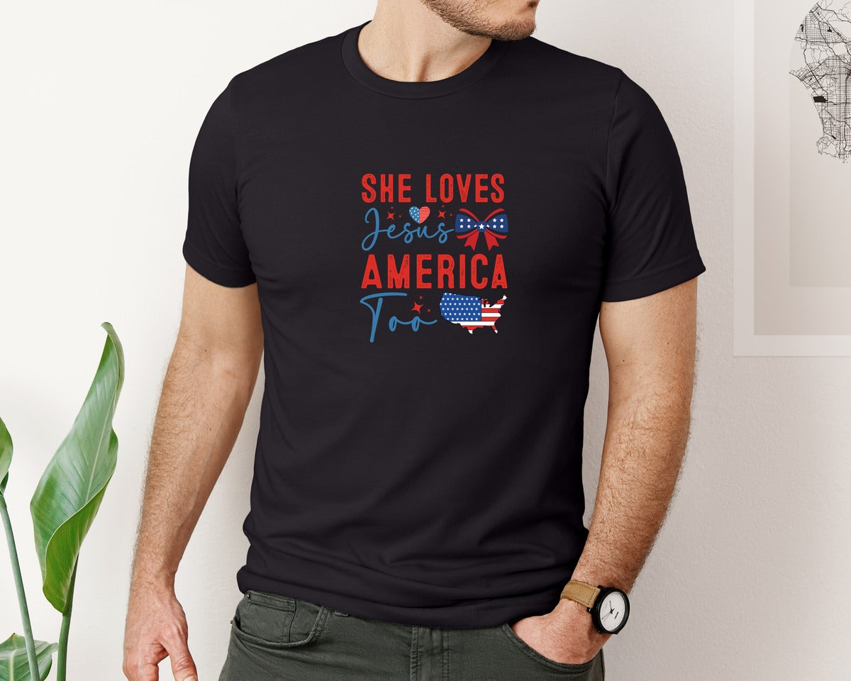 brand:Bella Canvas|color:Black|She Loves Jesus America Too Design 2 Graphic T-Shirt
