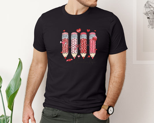 Valentine Teacher Pencil Love Heart Graphic T-Shirt
