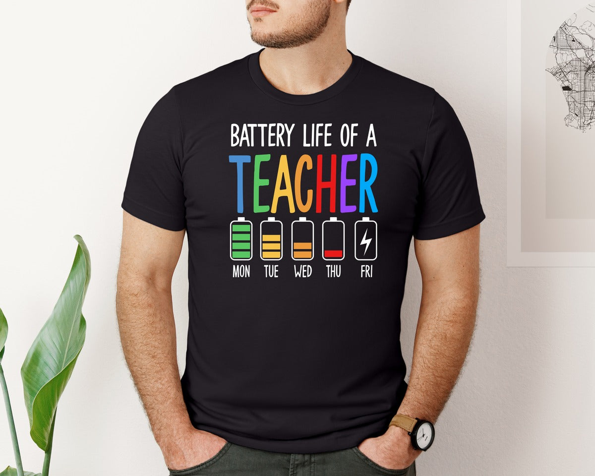 brand:Bella Canvas|color:Black|Battery Life Of A Teacher Funny Graphic T-Shirt