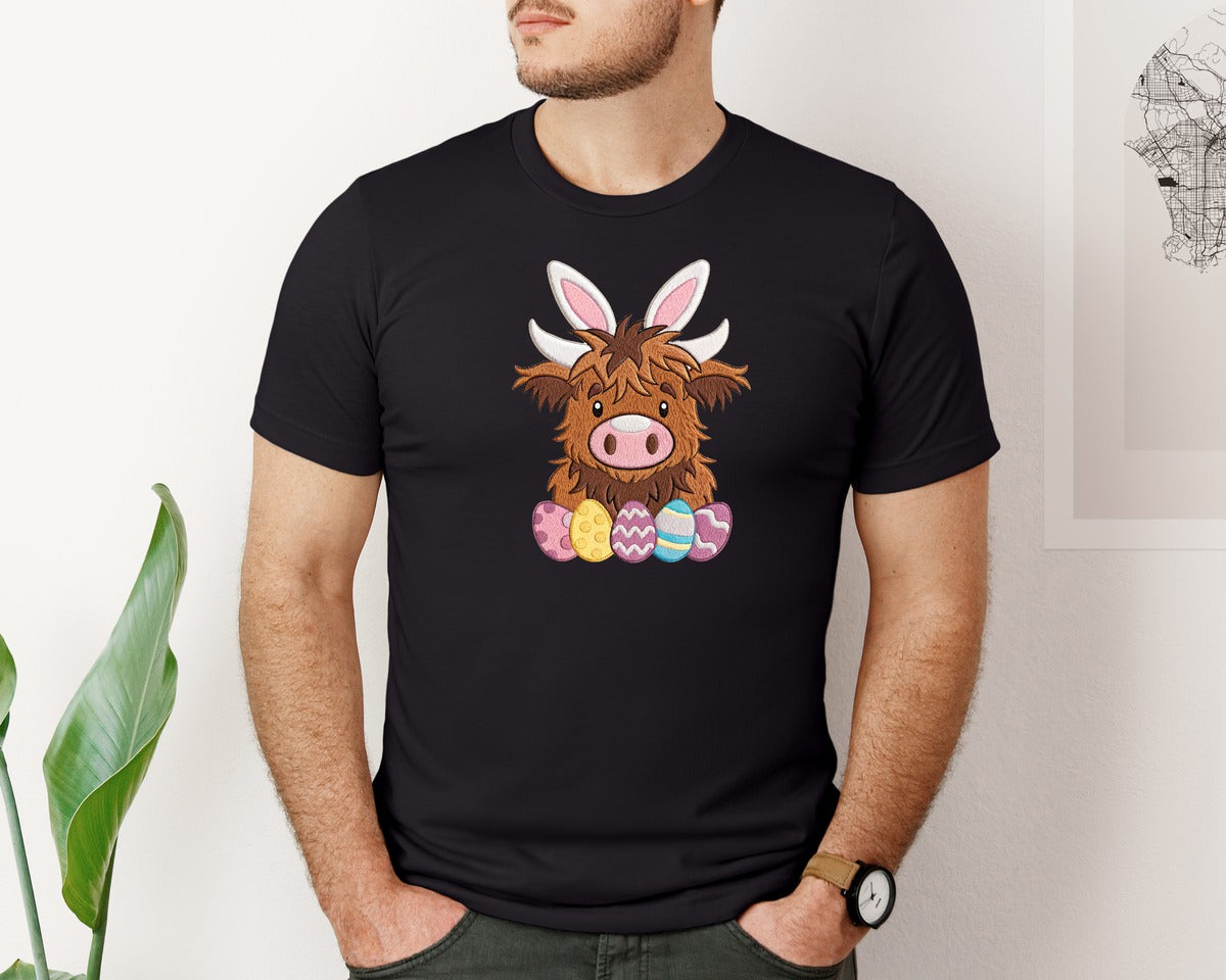 brand:Bella Canvas|color:Black|Cute Easter Highland Cow Easter Graphic T-Shirt