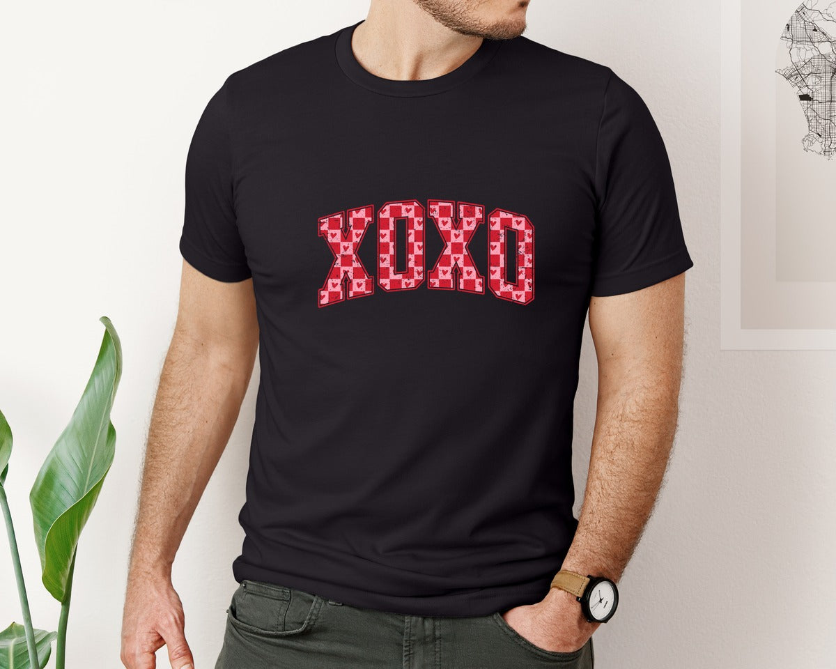brand:Bella Canvas|color:Black|Xoxo Checkered Hearts Varsity Graphic T-Shirt
