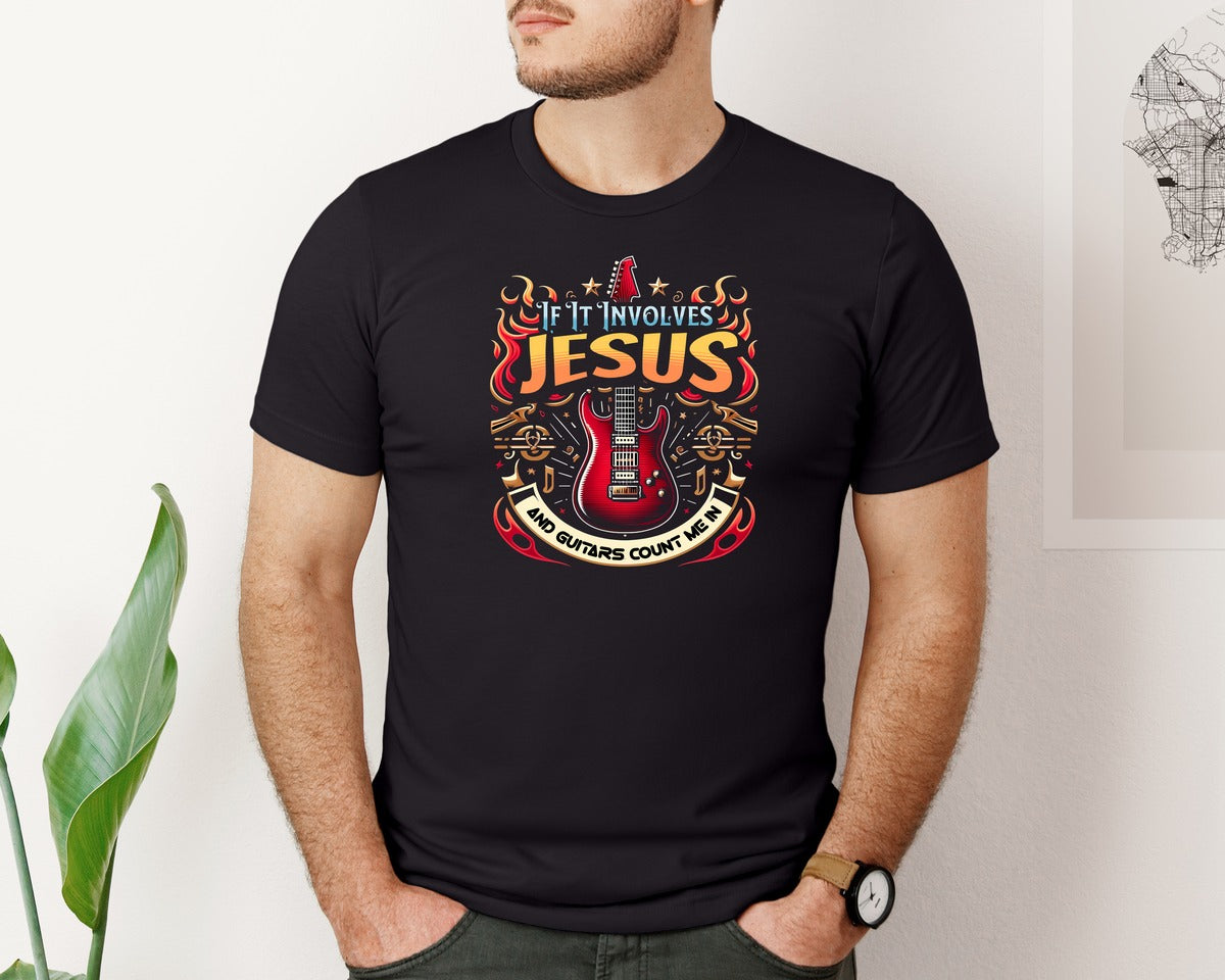 brand:Bella Canvas|color:Black|If It Involves Jesus And Guitars Graphic T-Shirt