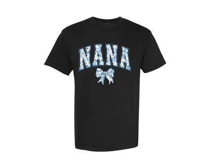 brand:Comfort Colors|color:Black|Nana Chinoiserie Blue Coquette Bow Graphic T-Shirt