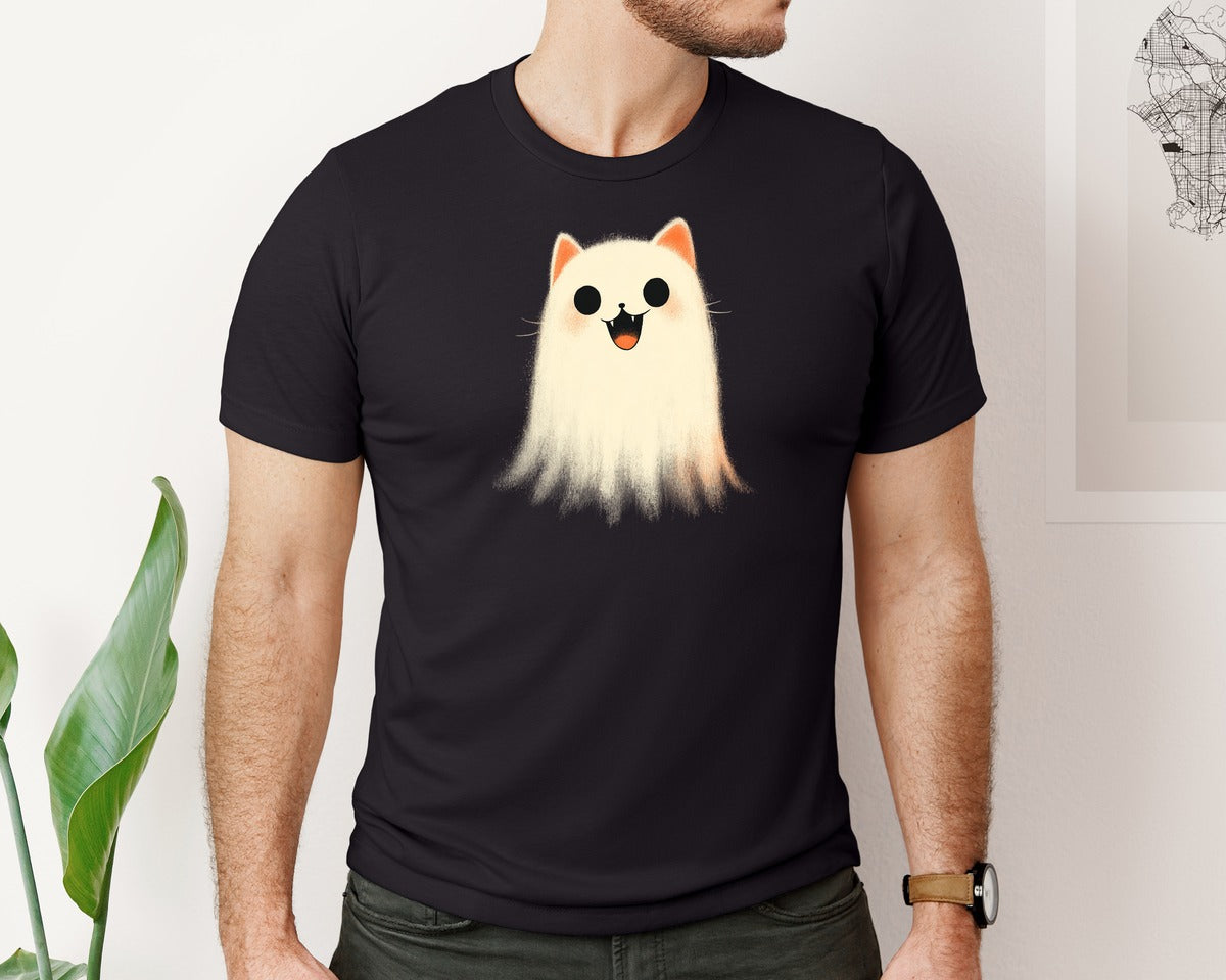 brand:Bella Canvas|color:Black|Halloween Ghost And Cat 7 Graphic T-Shirt