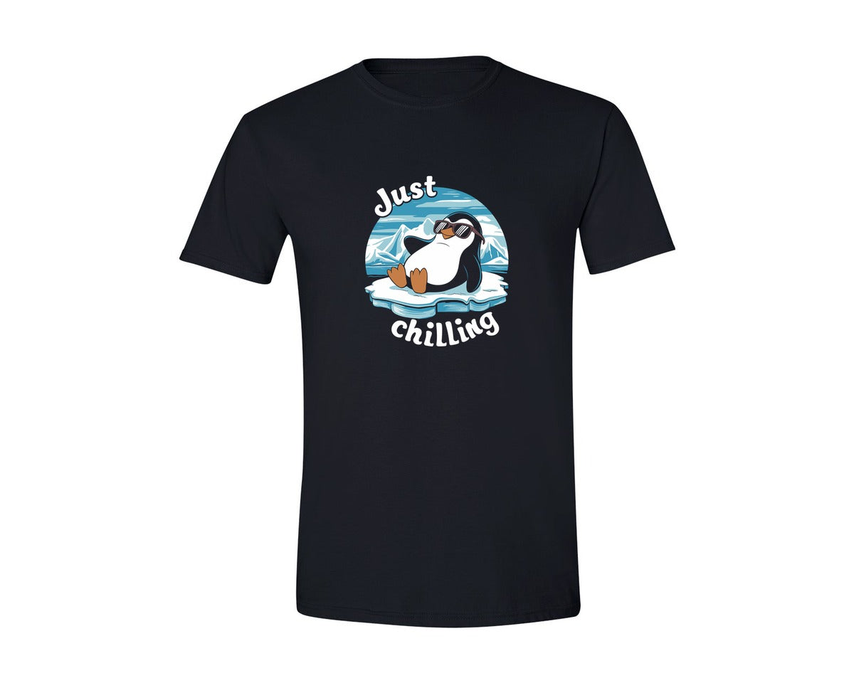 brand:Generic|color:Black|Just Chilling Penguin Pun Relaxed Vibes Graphic T-Shirt