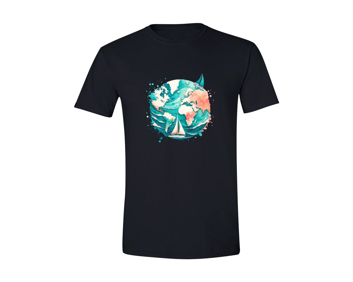 brand:Generic|color:Black|World Map Sailing Boat Travel Graphic T-Shirt