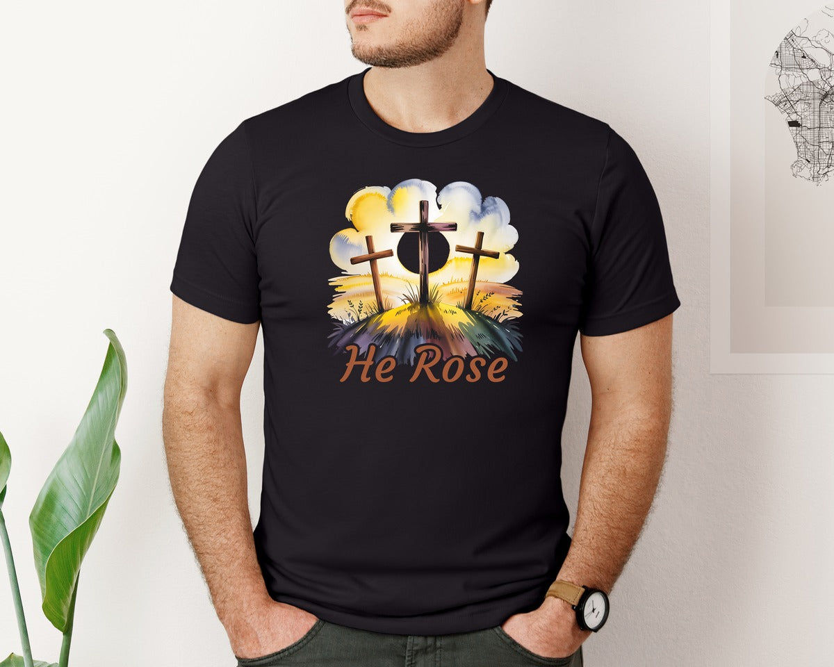 brand:Bella Canvas|color:Black|He Rose Christian Easter Cross Design Graphic T-Shirt