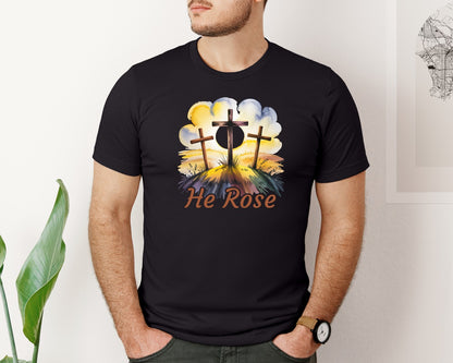 brand:Bella Canvas|color:Black|He Rose Christian Easter Cross Design Graphic T-Shirt