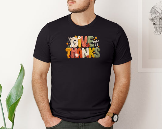 Preppy Give Thanks Faux Yarn Fall Graphic T-Shirt