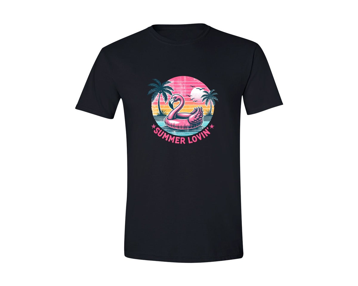 brand:Generic|color:Black|Retro Summer Loving Flamingo Float Graphic T-Shirt