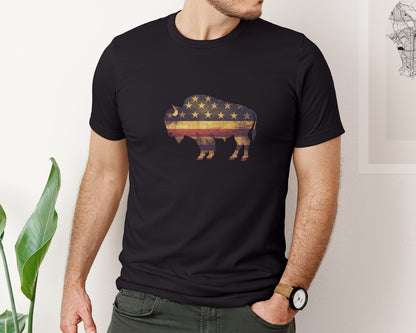 brand:Bella Canvas|color:Black|American Bison Patriotic Usa Flag 4 Graphic T-Shirt